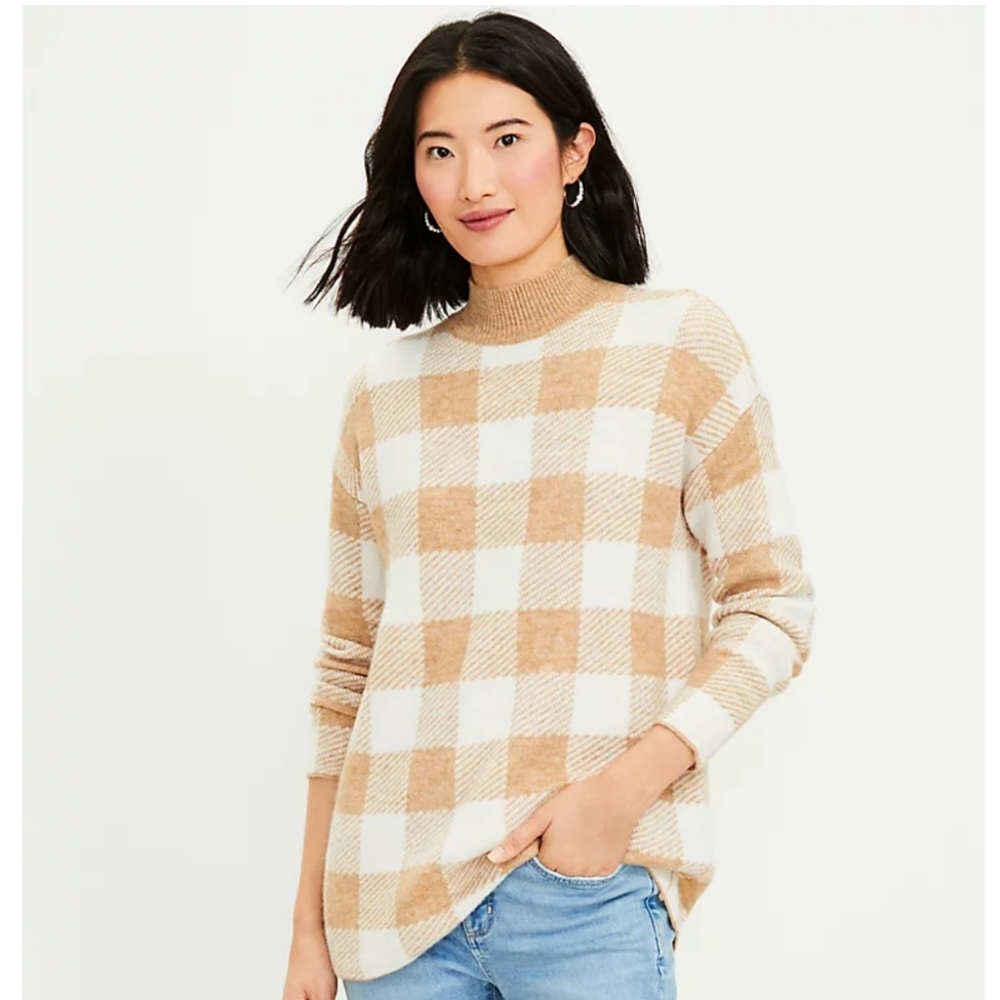 Buffalo Plaid Mock Neck Tunic Sweater Loft Ann Taylor